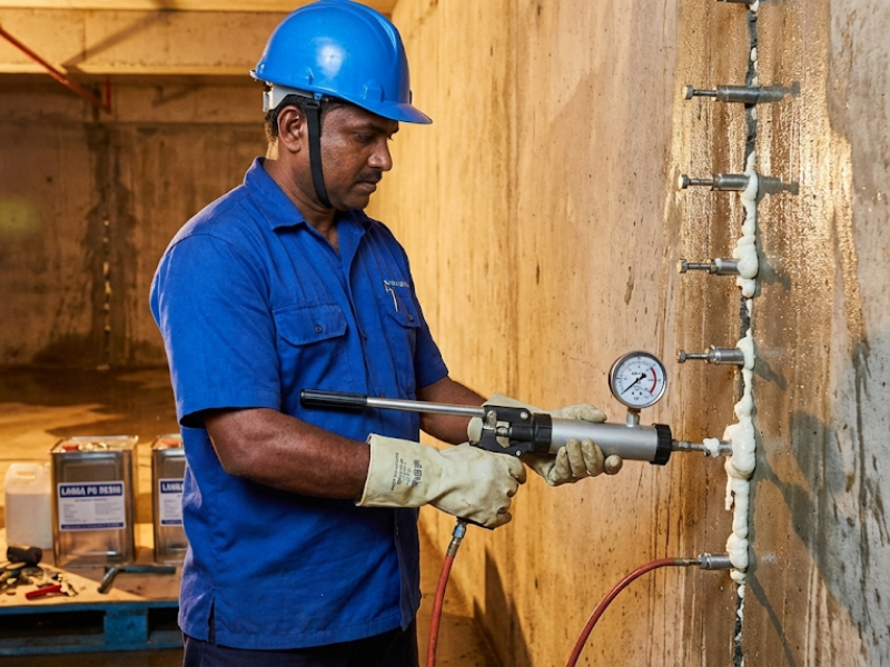 Professional PU injection waterproofing service in Sri Lanka - Expert technician using polyurethane injection to seal cracks and stop water leaks