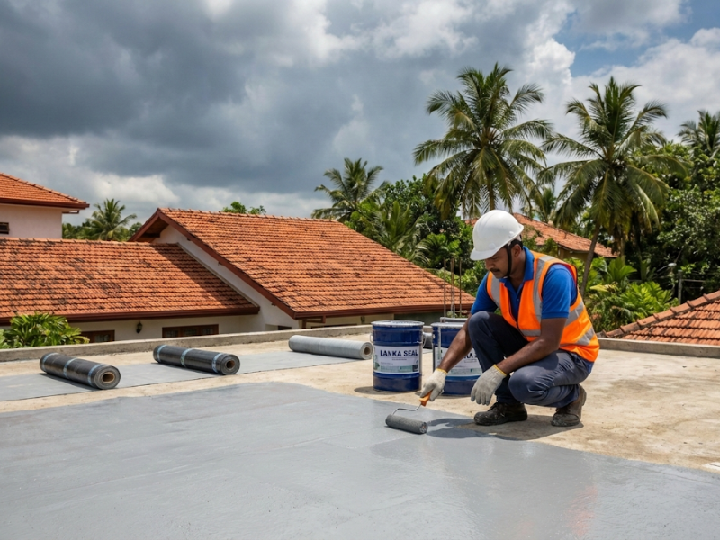 Professional roof waterproofing service in Sri Lanka - Expert technician applying waterproof coating