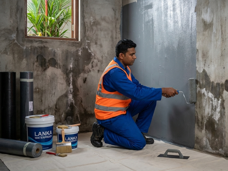 Professional wall and basement waterproofing service in Sri Lanka - Expert applying waterproof coating